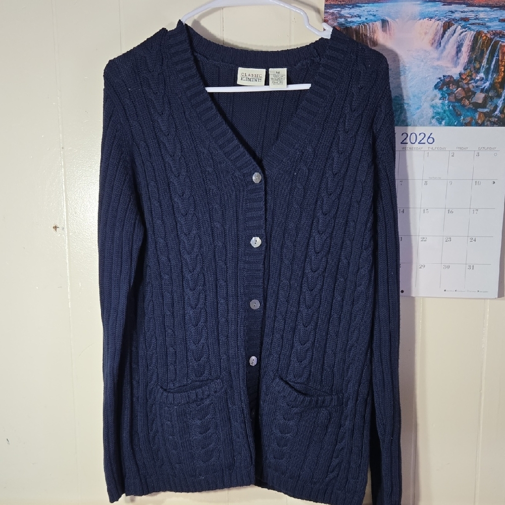 Classic Elements Dark Blue Cable Knit Cardigan - image 1